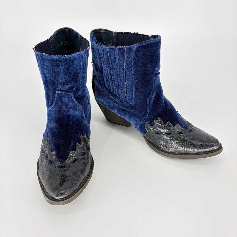 Very Volatile Blue Velvet Snakeskin Western Ankle Boots Womens 6.5